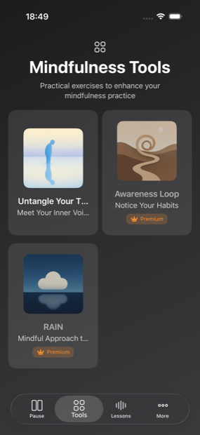 The Mindfulness Tools screen showing Untangle Your Thoughts, Awareness Loop and the RAIN technique.